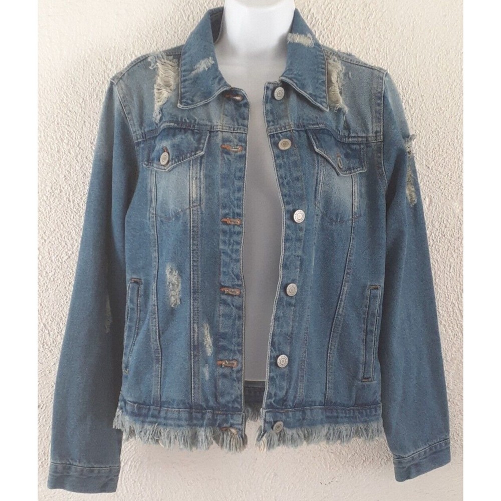 Women's IRIS Jean Jacket Distressed Fringed Raw Hem Size-S